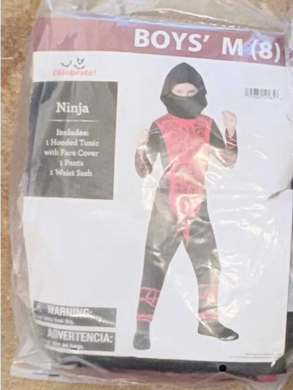 Boys' Black & Red Ninja Costume - Hooded Tunic with Face Cover Size 8